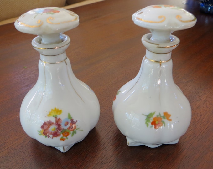 Vintage Porcelain Perfume Bottles Pair Handpainted Vanity Pieces Dressing Table CLEARANCE