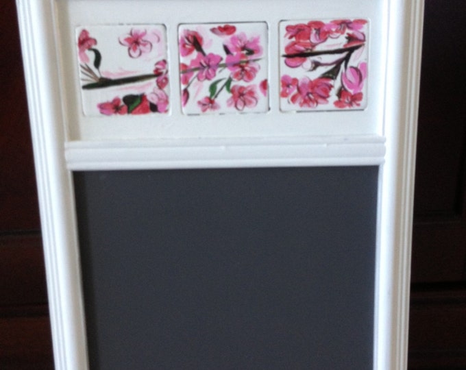 Cherry Blossoms Decorate this 15 1/2" Tall Wood Plaque with Tiles and Chalkboard.