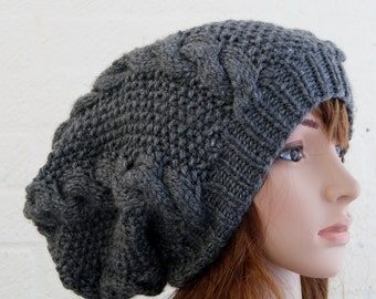 Chunky knit cable beanie in Walnut/Slouchy Beanie/Knitted