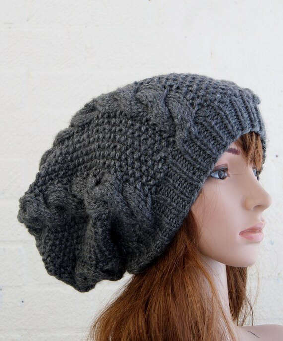 large Cable large Oversized  Grey, hat hat  Beanie  hat in Knitted School beanie Beanie