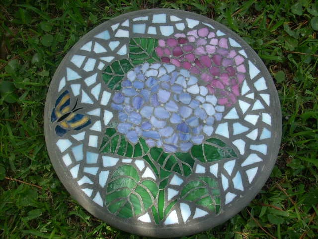 Hydrangea Handmade Stained Glass and Concrete Stepping Stone