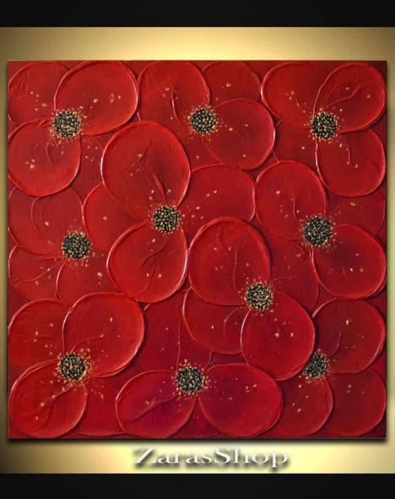 Red flower painting textured wall art abstract by