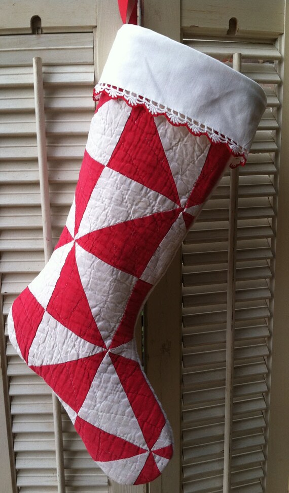 Vintage Quilt Christmas Stocking Red & White With Crochet Trim