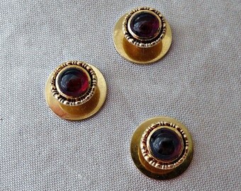 14K Gold Shirt Studs - Garnet Cabochon, Set of three Shirt studs, Antique Shirt Studs, circa 1920