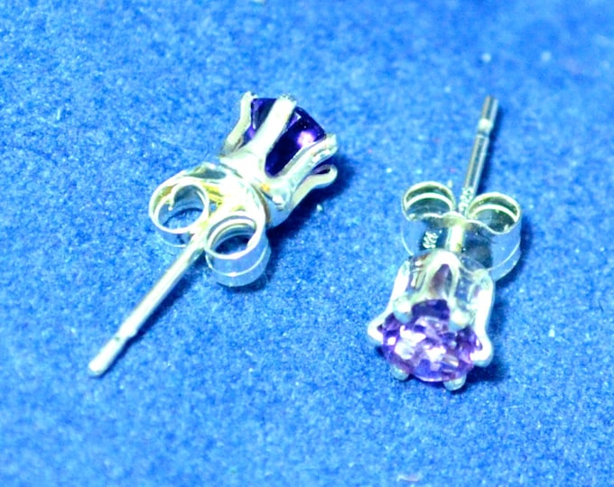 Amethyst Studs, Small 4 mm Round, Natural, Set in Sterling Silver E450