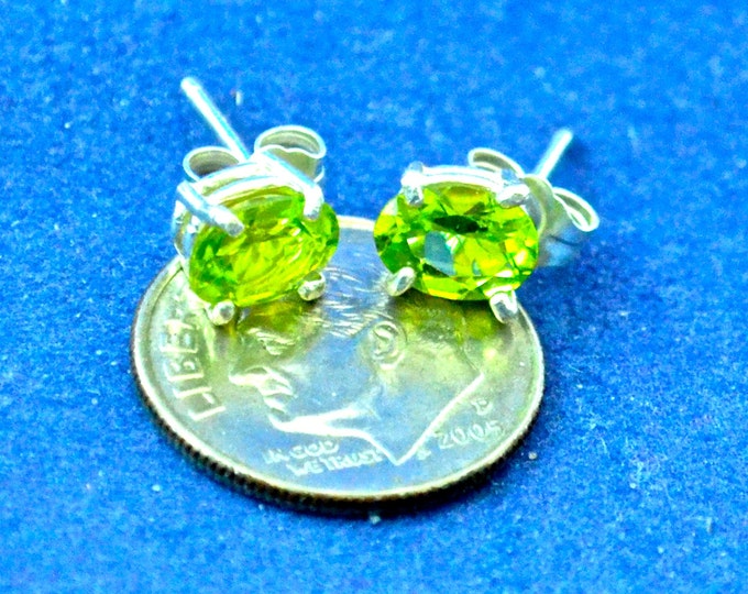 Peridot Stud Earrings, 7x5mm Oval, Natural, set in Sterling E25