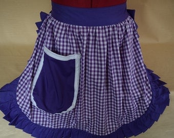Retro Vintage 50s Style Half Apron / Pinny - Purple & White