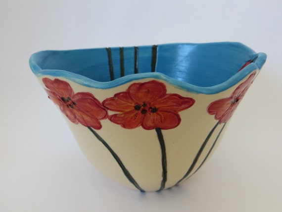 Red Poppy Flower Ceramic Serving bowl -- Fruit bowl - Mothers Day bowl - Poppies motif with bright blue interior