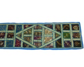 Blue Table Runner Handmade Sari Patch Long Runner