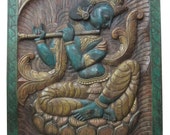 Fluting Krishna Under Beautiful Leaf Hindu Yoga Sculpture Carving Hand Carved Wall Panels 36" X 48"