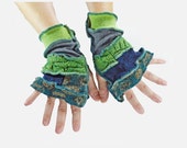 Upcycled Arm Warmers Recycled Short Gloves Womens Green Blue Seaweed Eco Friendly Large