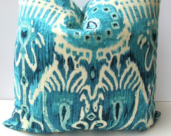 Designer Pillow Cover - Bright Turquoise Ikat Pillow Cover 18x18, 20x20 Designer Pillow, Toss Pillow, Modern Ikat Pool Blue Color