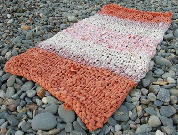 Giant Knitted Rug Upcycled Bed Cover in Warming Oranges and Pinks