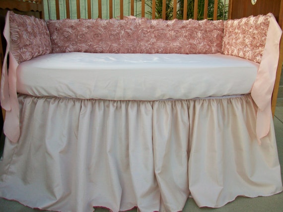 Dusty Rose Rosette Shantung and Minky Dot Crib Bedding Set: