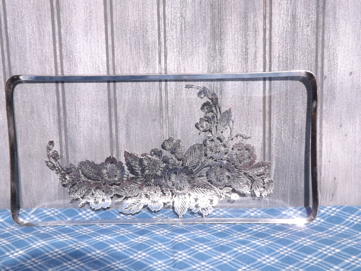 Vintage Rectangular Glass Tray/Silver Trimmed Floral Tray