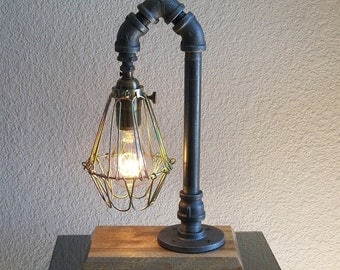 Industrial Desk Table Lamp with Black Iron Pipe and Hardwood Base and ...