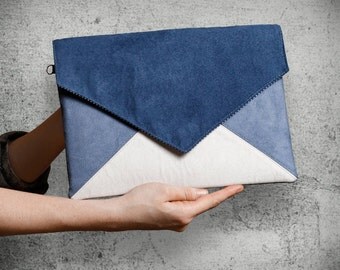 Clutch bag envelope blue ecru vegan leather bag faux suede imitation purse handbag strap pocket zipped wedding bridesmaid evening bag gift