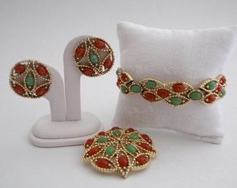Sarah Coventry Acapulco Parure - Bracelet Brooch and Earrings - Vintage 1960s Sarah Cov Orange and Turquoise Set
