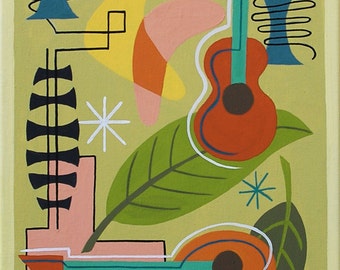 Mid Century Modern Eames Retro Limited Edition Print from Original Painting Guitar Mandolin