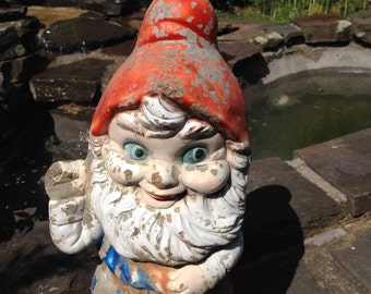 Antique, vintage, garden, cottage chic, shabby chic, chippy paint, Cement Garden Gnome