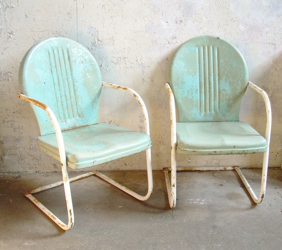 Retro Metal Lawn Chairs Pair Rustic Vintage Porch Furniture