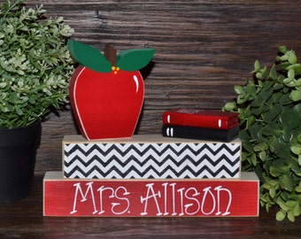 Unique Teacher Gift Personalized Teacher Name Plate Apple Decor Teacher Block Set Librarian Gift Set End of Year Teacher Gift Back to School