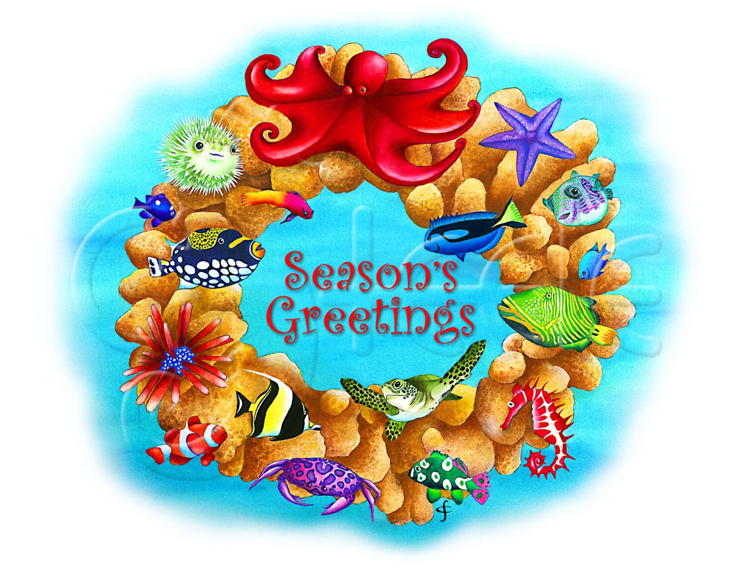 Tropical Christmas card set, whimsical, humorous, tropical fish, sea turtle, colorful, unusual: "Coral Wreath"