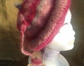 Beret Hat- Pink- Mohair Wool Hat-  Handmade- Pink and Grey Color - Knitted - Made in France