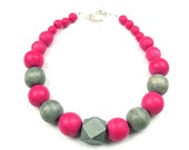 Red Blue Wood Necklace, Women's Handmade Summer Statement Jewelry, Vegetable Dyed Geometric Bead Necklace by elle and belle