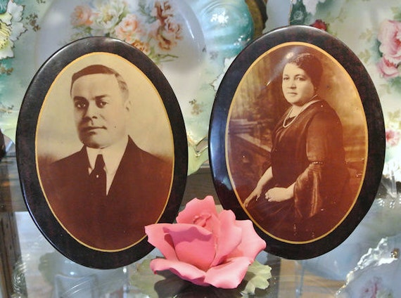 Celluloid Tin Easel Buttons Large Antique Victorian 1900s Rare Ethnic Sepia Photos Photographs Pair Faux Wood Grain Frame Mourning Cottage