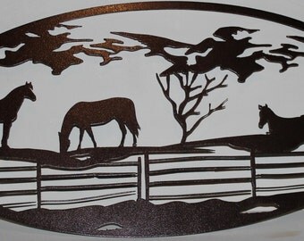 3 Grazing Horses and Mountains Oval Scene Metal Wall Art