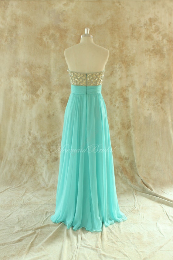 Aqua blue a line heavy beading prom dressbridesmaid gown