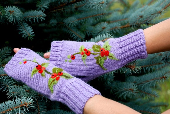 Llilac  Knitted Wool fingerless with berries, Christmas gift, Women winter accessories