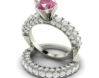 ... Gold Pink Tourmaline Ring in Matching Diamond Wedding Ring Set in 14K