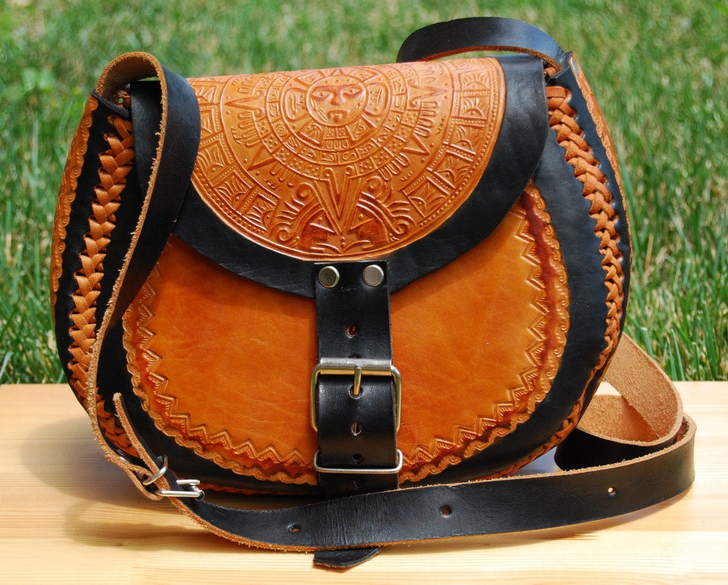 Vtg Tooled Leather Crossbody Bag // Mexican Aztec Leather