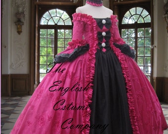 The new off the shoulder Georgian dress Colonial Rococo Marie Antoinette Evening Gown in vivid pink Taped Taffeta.