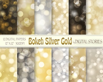 Bokeh Digital Paper: "BOKEH GOLD SILVER" Scrapbook papers, gold silver bokeh overlays for invites, photograph backgrounds