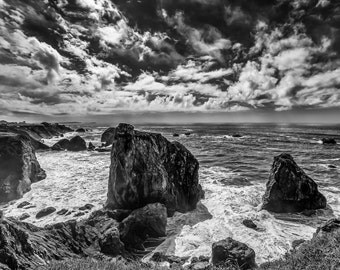 Black and White Photograph of California's Seaside Ruggid Coastline - Fine Art Black and White Print of California Coast and Cliffs