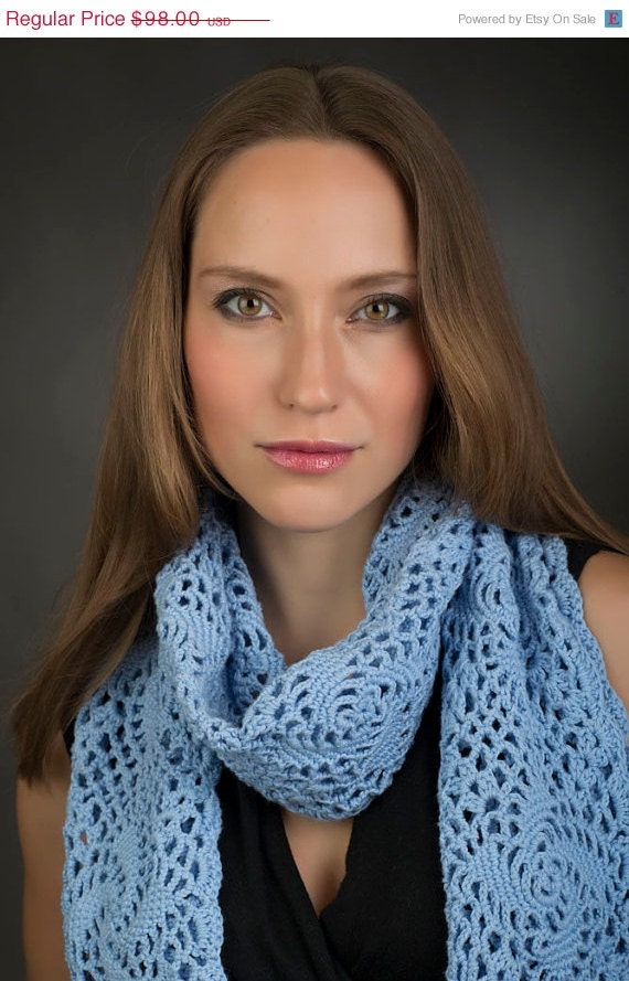 50 off Sale CROCHETED SCARVES, Light Blue Scarf, Unique Handmade Scarf