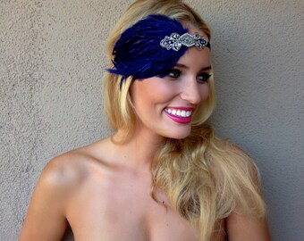 Bridesmaid Headband,1920s Wedding Black OR Beige great gatsby flapper silver Art Deco Feather 1920s headband for 1920s dress, blue headband