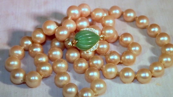 Vintage Marvella Creamy Pearl Necklace, Each Glass Pearl Hand Knotted,Gorgeous Emerald, Rhinestone Clasp Stamped  MARVELLA,