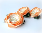 Handmade hair clip,Peach Orange and White Satin Flower Rose Hairclip, Garden Party Accessory, Wedding Accesssory, Graduation Party