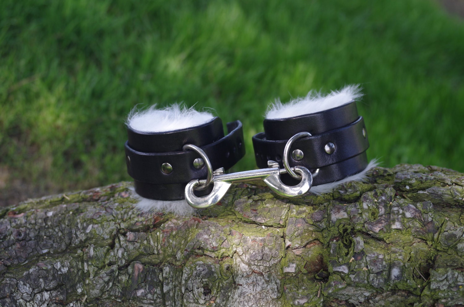 Black Leather Real Rabbit Fur Lined Wrist Cuffs