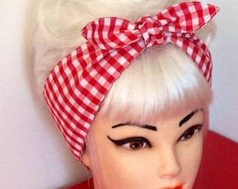 Rockabilly Head scarf Headband Red White GINGHAM Pinup Vintage Retro Style 50s Head Wrap Tie