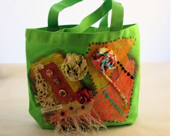 Mixed Media ,Bright Green Boho Cotton Canvas Bag, Tote Bag, Tote, Handbag - Fun and Stylish