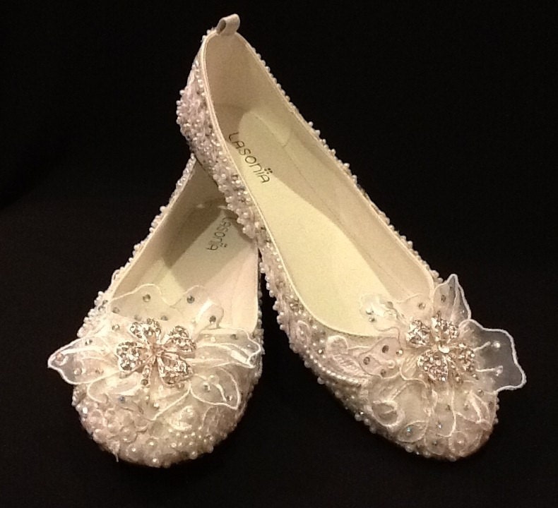 Wedding Shoes Bridal Ballet Flats Rhinestones Pearls Hand