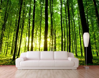 Green forest trees mural wallpaper, reposition able peel & stick wall paper, Picture wall paper