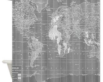Map Of The World Curtains Shower Curtain - Minimalist Grey Vintage Map - Home Decor travel decor wanderlust - Bathroom