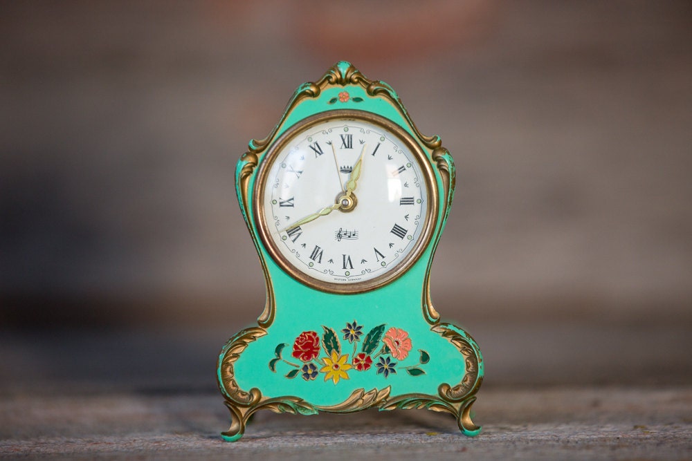 Small Vintage Clock with Music Box Alarm Wind Up German