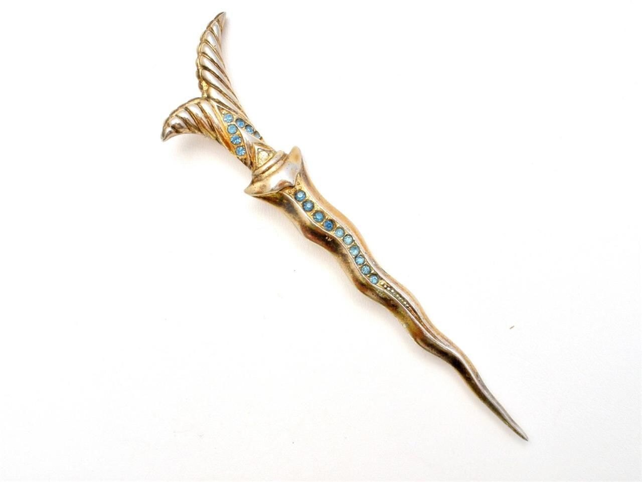 Vintage Sterling Silver Scepter Brooch Blue Rhinestone Gold